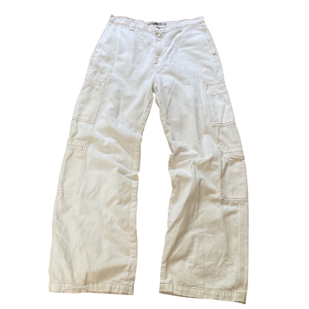 Hudson White Wide Leg Cargo Pants Tan Contrast Stitch Utility Denim 29